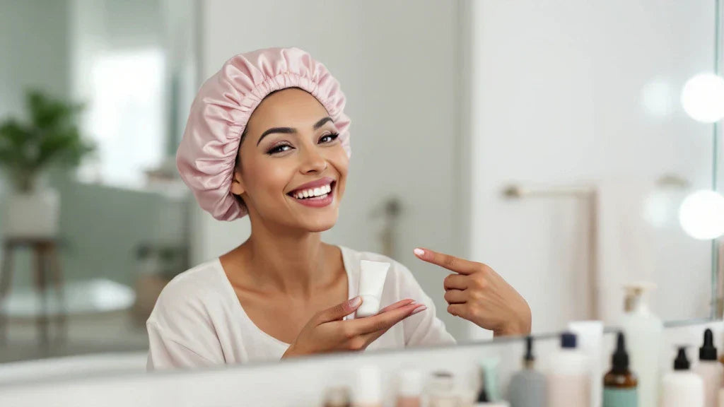 Une femme face caméra, en train de faire un tuto, portant un bonnet en satin