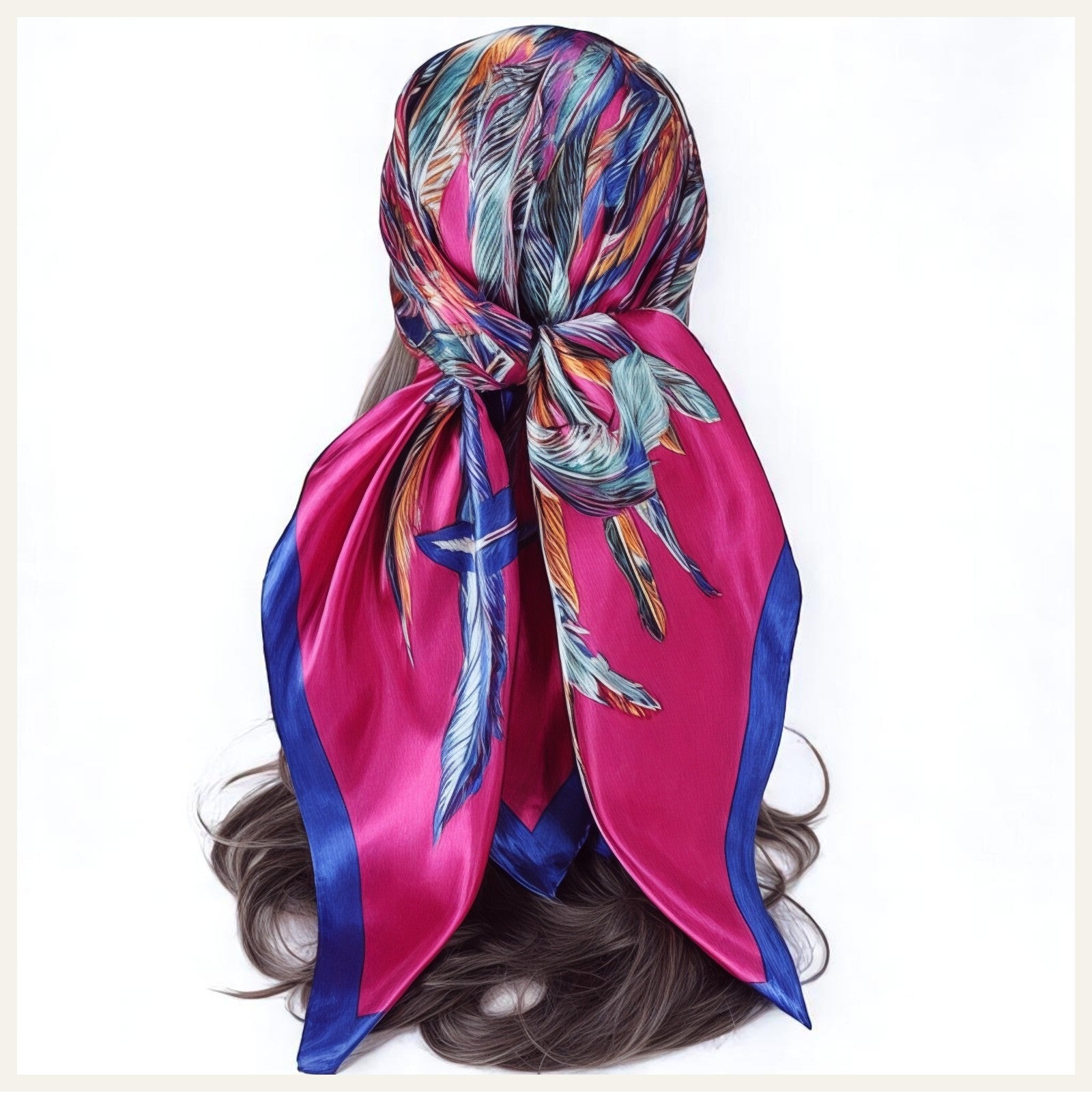 Foulard carré en satin aux motifs de plumes multicolores sur fond rose vif