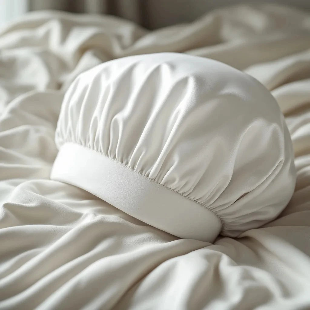 Un bonnet en satin blanc posé sur le lit