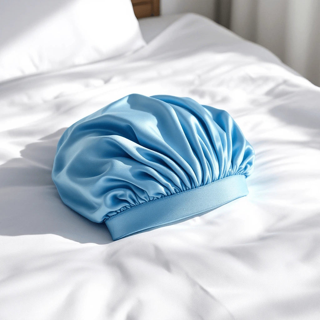 Un bonnet en satin bleu ciel posé sur un lit