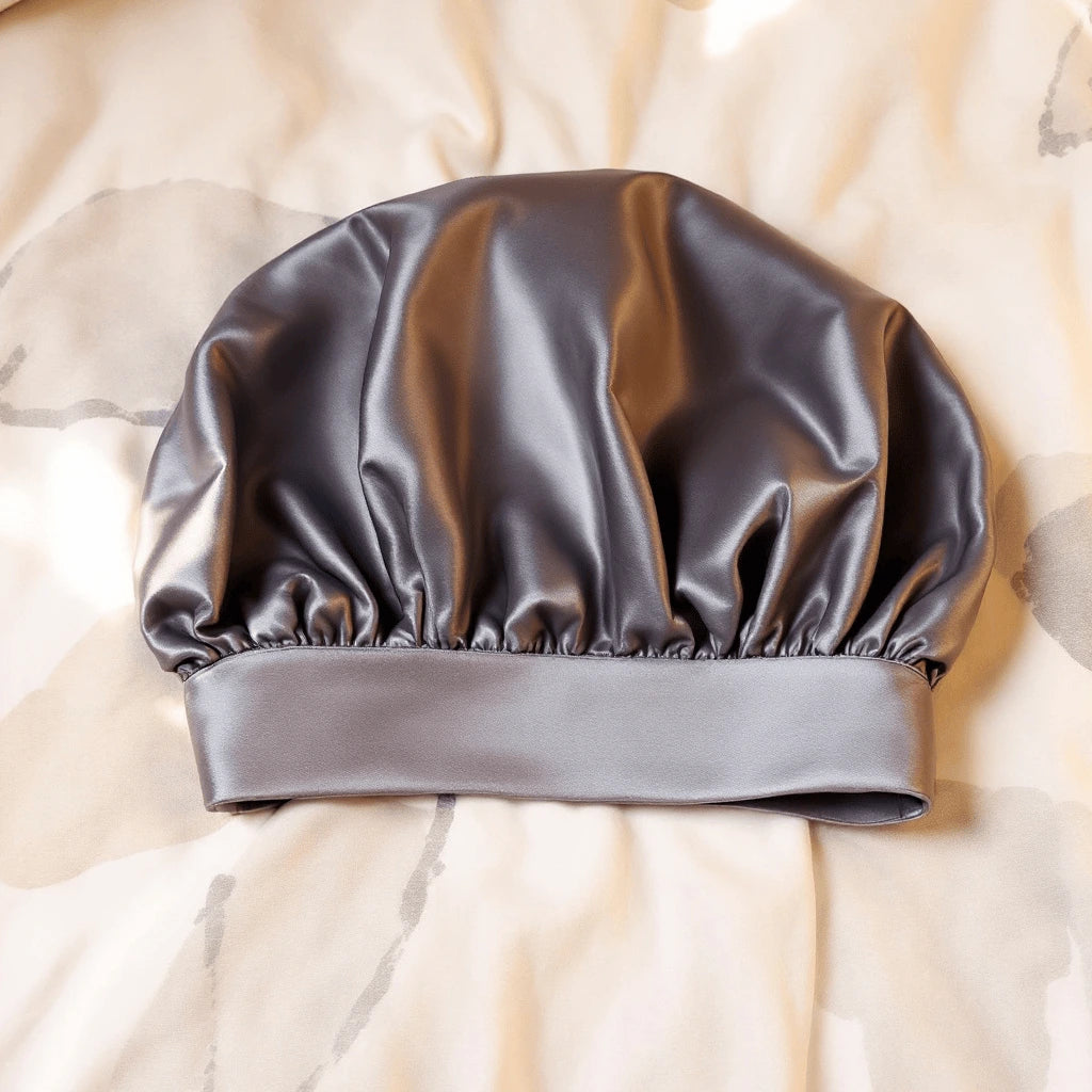Un bonnet en satin gris posé sur le lit