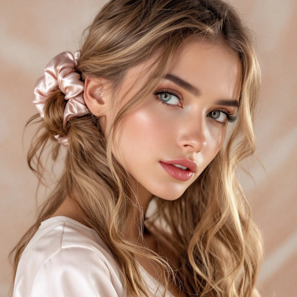 Le visage d’une femme regardant face caméra, avec un chouchou rose dans les cheveux