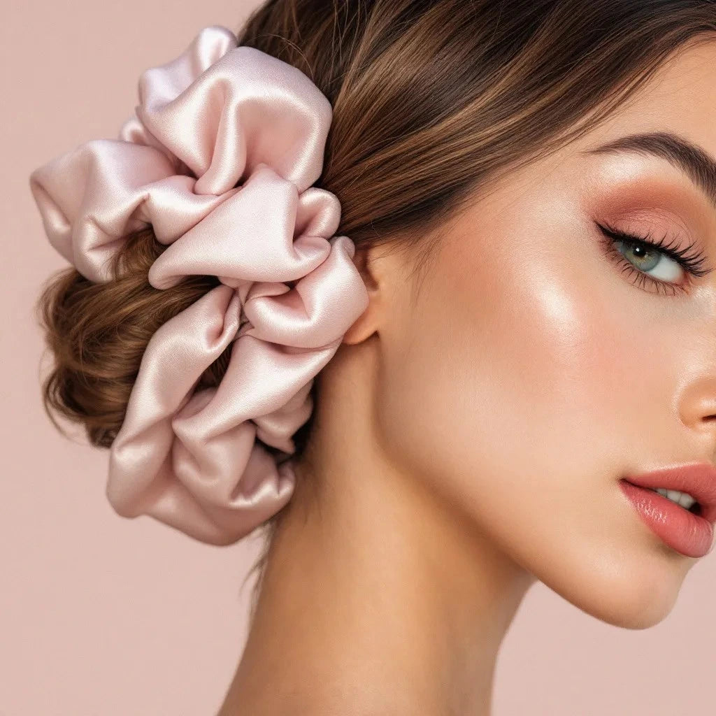 Le visage d’une femme regardant face caméra, avec un chouchou rose dans les cheveux, mis en valeur par un zoom