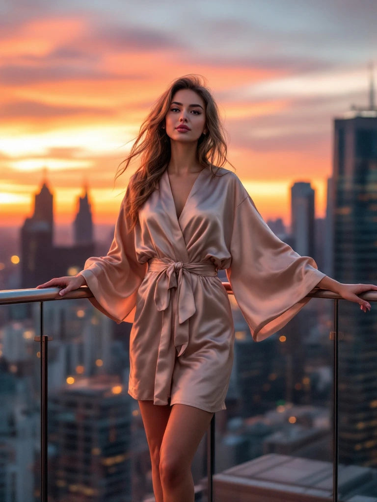 Une femme posant face caméra, portant un peignoir en satin beige