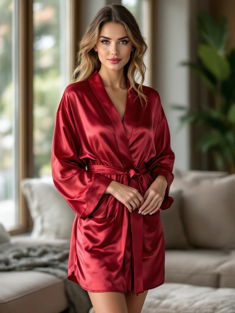 Une femme posant face caméra, portant un peignoir en satin rouge