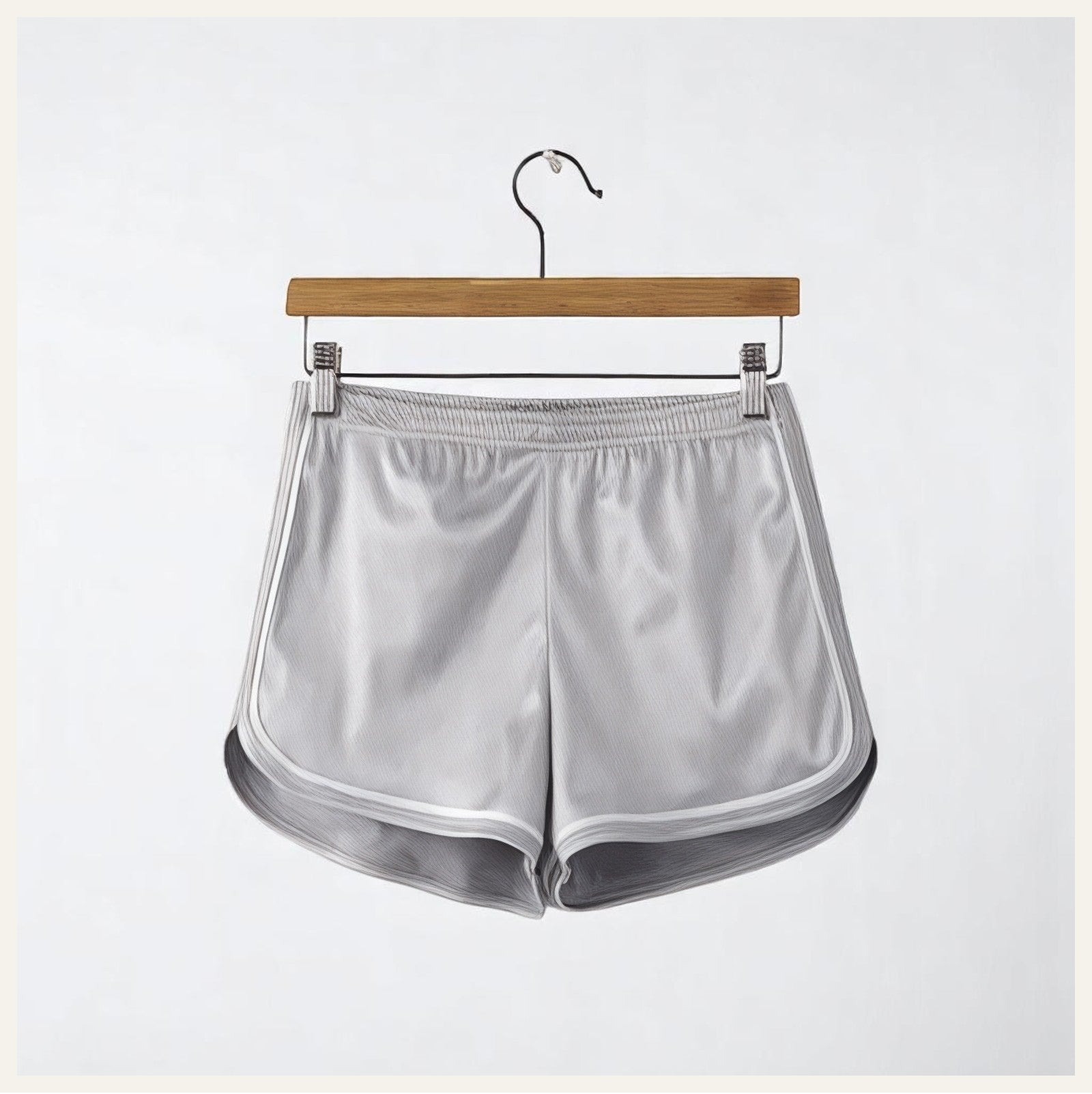 Un short de pyjama en satin gris clair avec liserés blancs, suspendu sur un cintre en bois contre un fond blanc