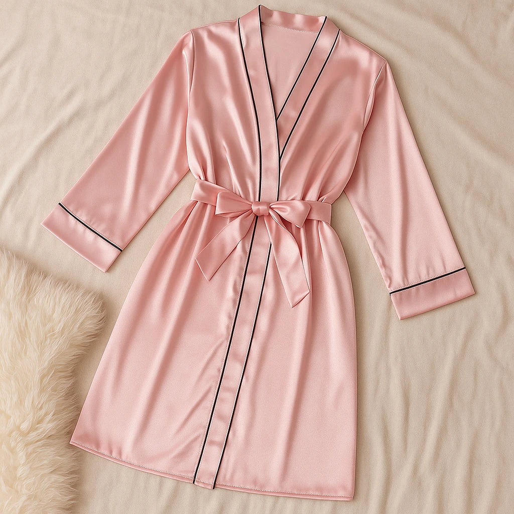 Robe de chambre en satin rose brillant, élégamment nouée à la taille, avec liserés noirs fins. Posée sur un fond doux et cocooning, elle reflète le confort et la féminité