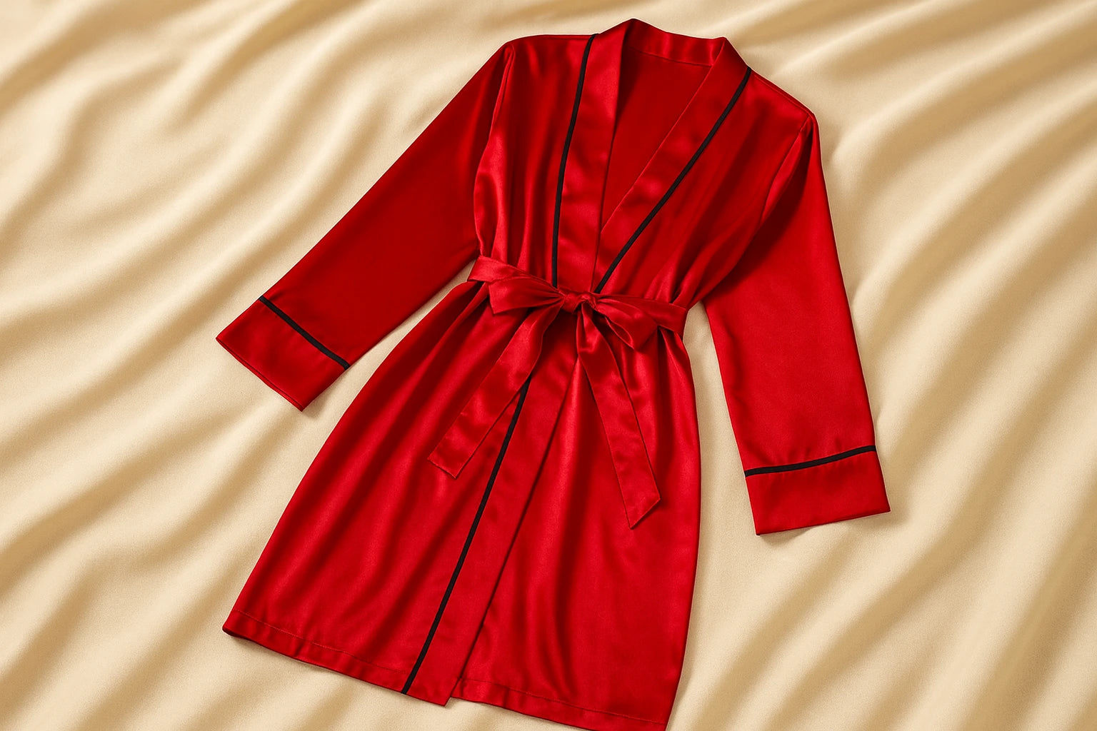 Robe de chambre en satin rouge vif, présentée à plat sur un lit clair. Le tissu lisse et brillant met en valeur ses finitions noires élégantes et sa ceinture nouée à la taille