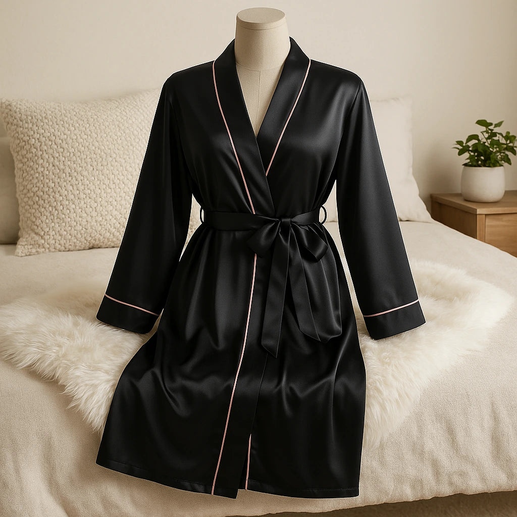 Une robe de chambre en satin noir à liserés roses, posée sur un mannequin dans une ambiance cocooning et lumineuse