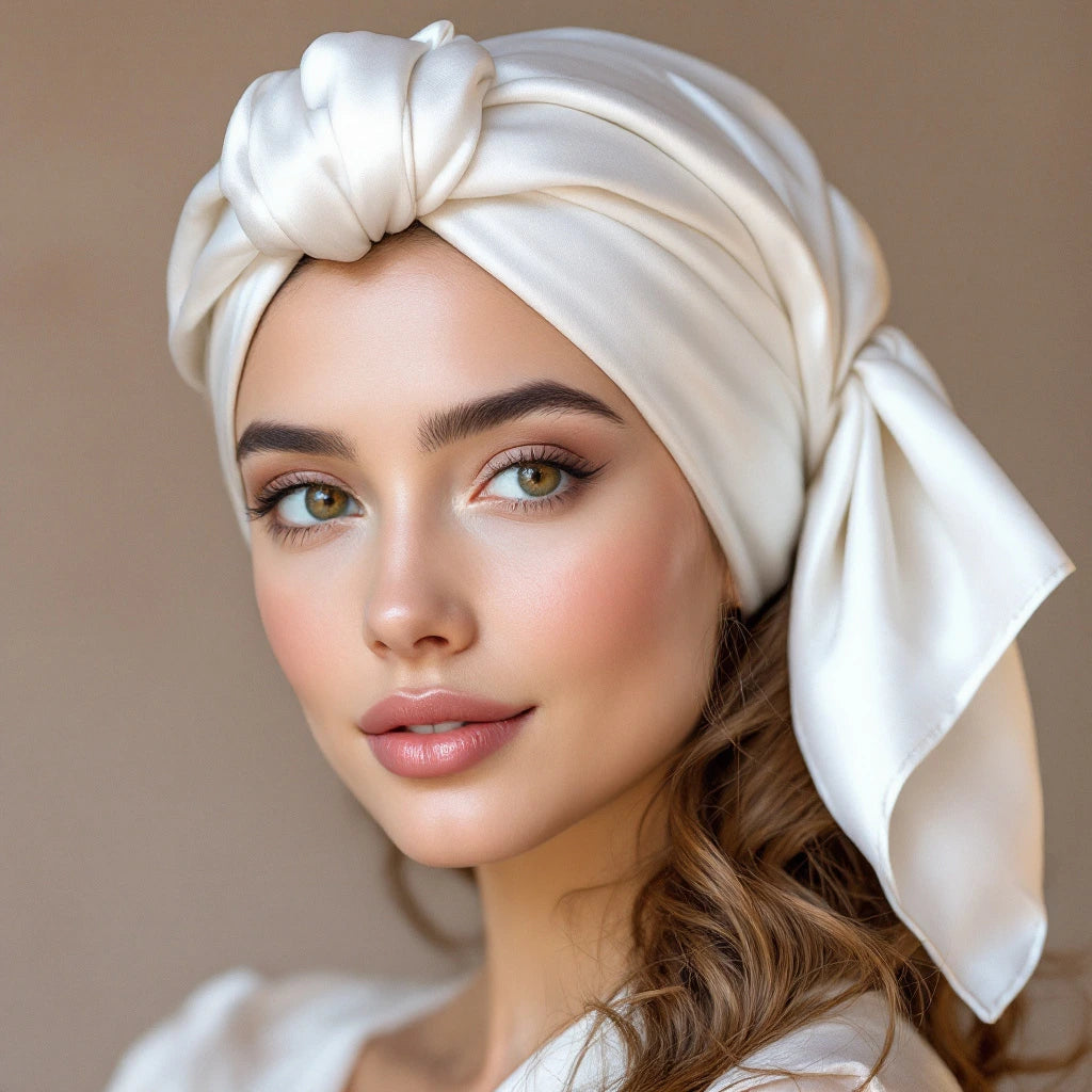 Une femme regardant face caméra, avec un foulard blanc recouvrant les cheveux