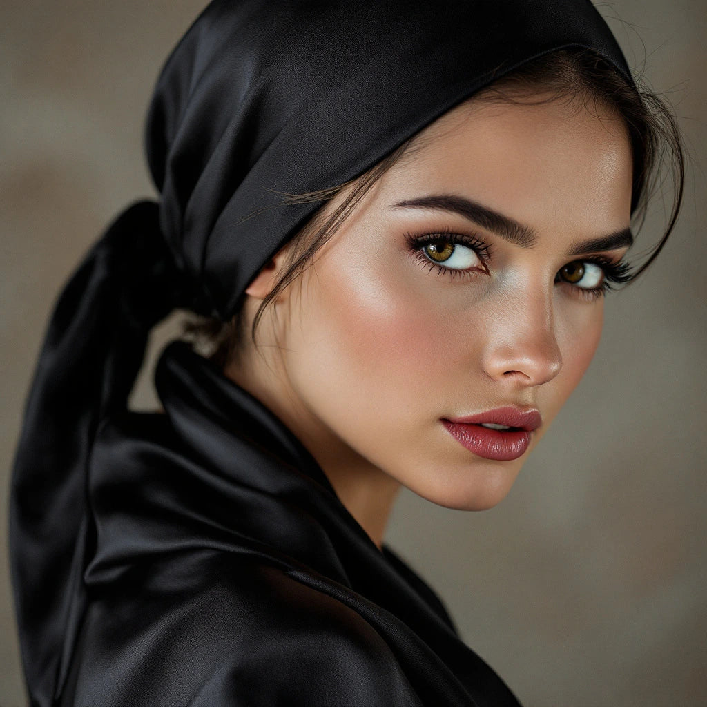 Une femme regardant la caméra, avec un foulard en satin noir recouvrant ses cheveux