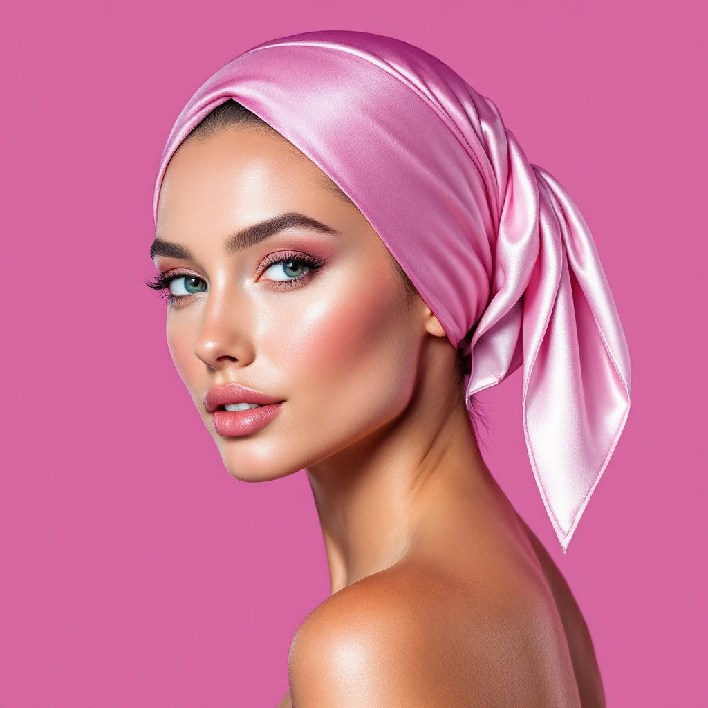 Une femme regarde face caméra, avec un foulard rose en satin recouvrant ses cheveux