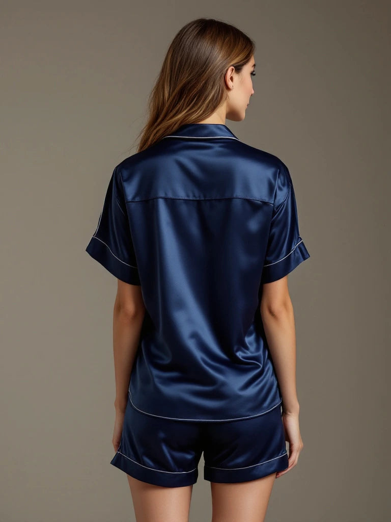 Une femme, dos à la caméra, portant un pyjama en satin bleu