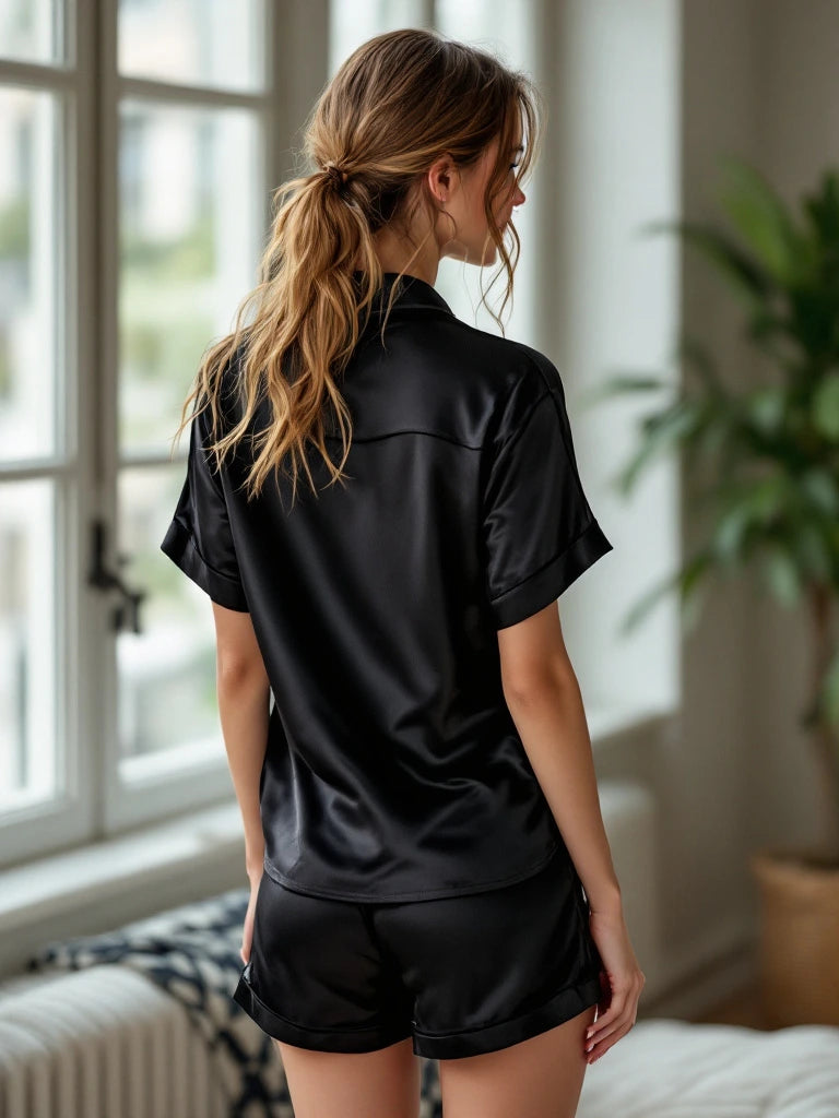 Une femme, dos à la caméra, en pyjama en satin noir