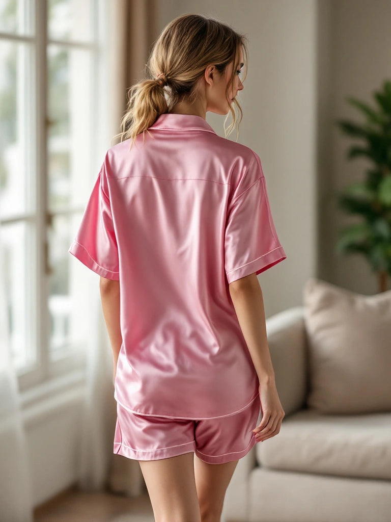 Une femme, dos à la caméra, portant un pyjama en satin rose