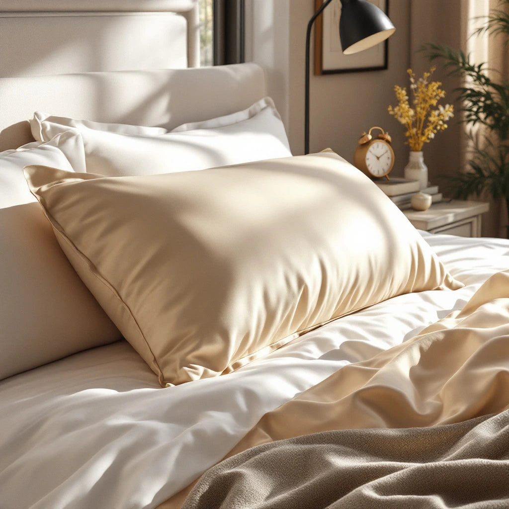 Une taie d’oreiller en satin beige posée sur un lit