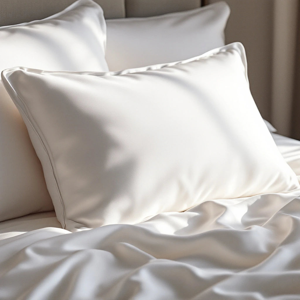 Une taie d’oreiller en satin blanc posée sur le lit