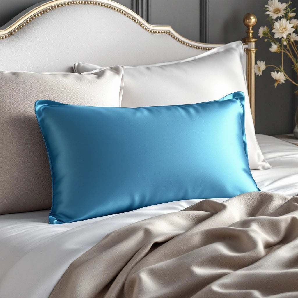 Une taie d’oreiller en satin bleu posée sur un lit