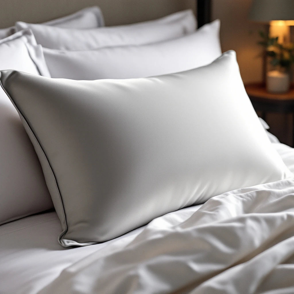 Une taie d’oreiller en satin gris posée sur un lit