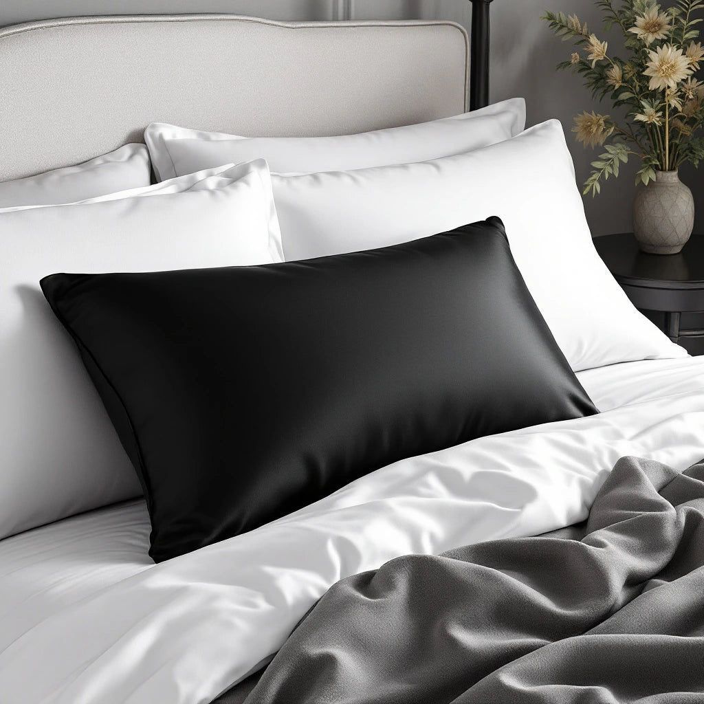 Une taie d’oreiller en satin noir posée sur le lit