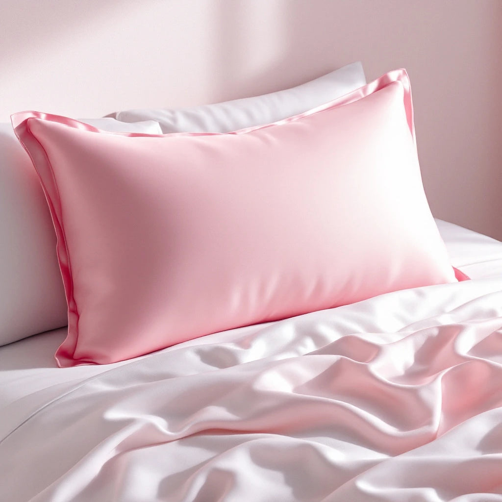 Une taie d’oreiller en satin rose posée sur le lit