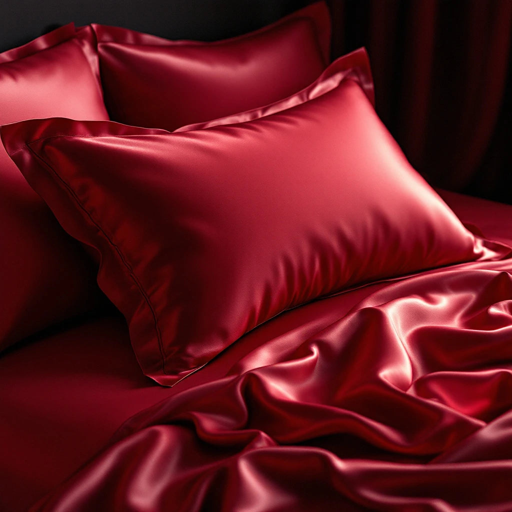 Une taie d’oreiller en satin rouge posée sur le lit