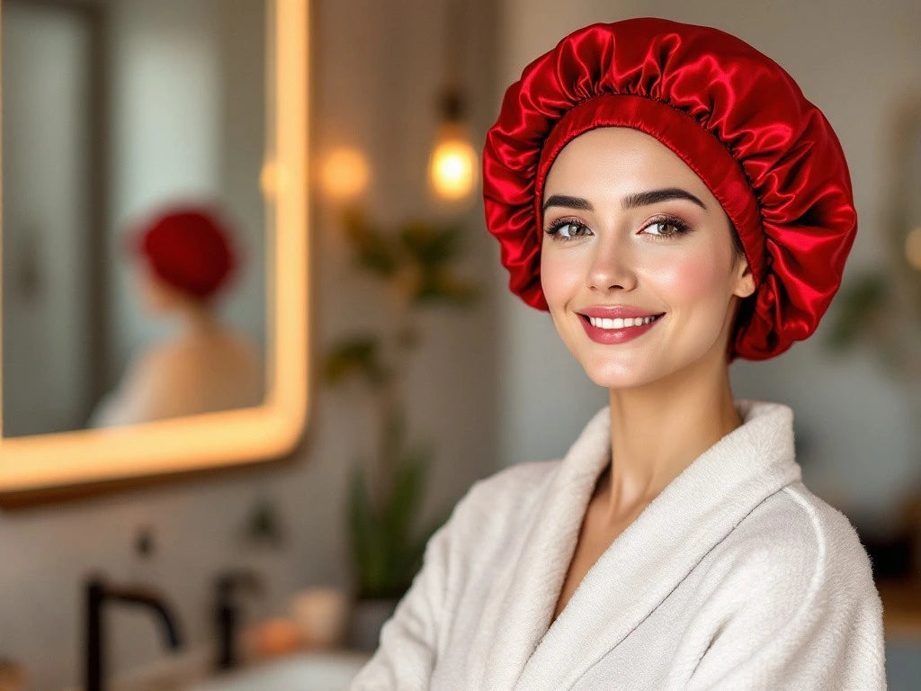 Photographie d'une femme souriante regardant la caméra, vêtue d'un peignoir et portant un bonnet en satin rouge, alliant élégance et confort.