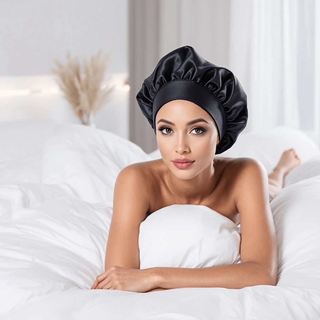 Une femme allongée dans son lit, face caméra, portant un bonnet en satin noir