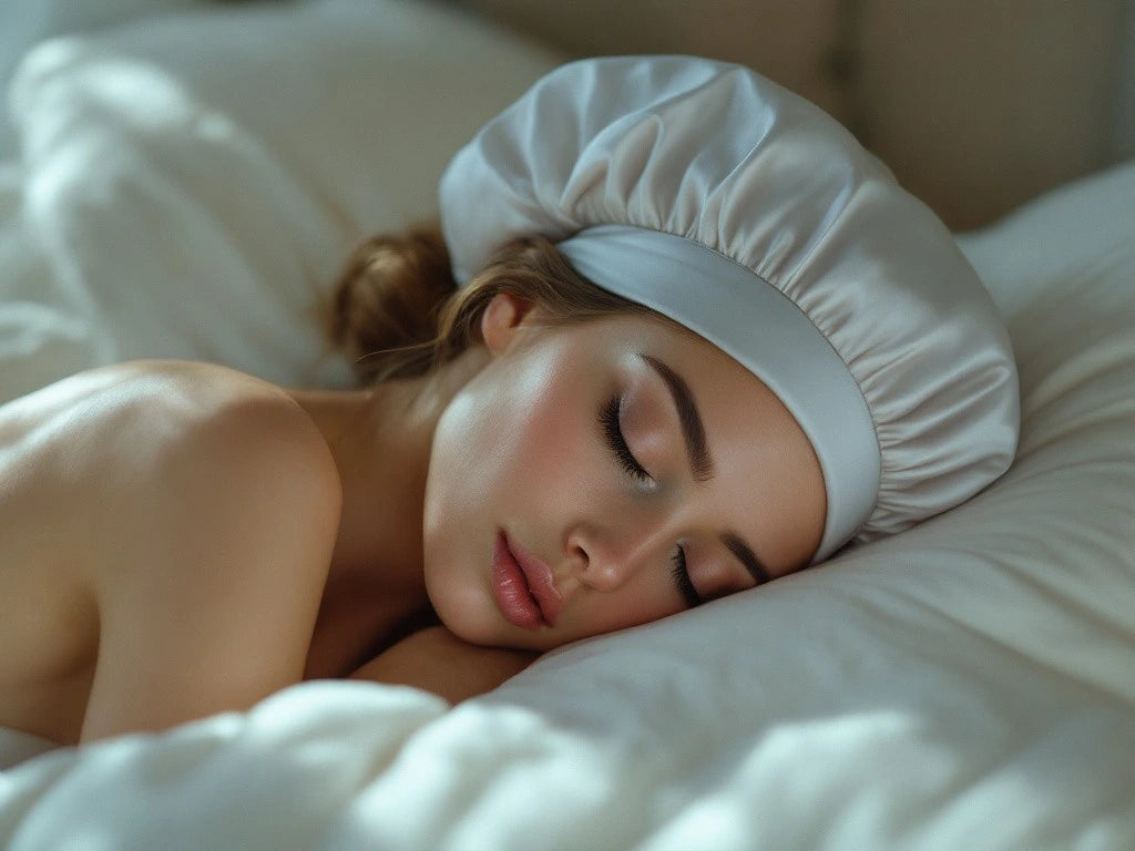 Photographie d'une femme dormant paisiblement dans son lit, portant un bonnet en satin blanc, apportant une touche de douceur et d'élégance.