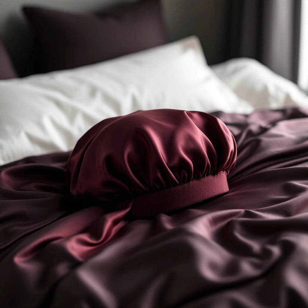 Un bonnet en satin rouge posé sur le lit
