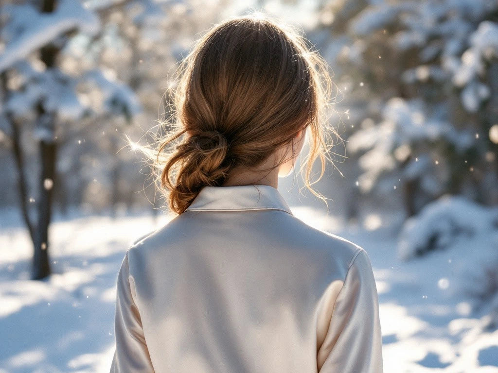 Photographie d'une femme de dos, dehors en plein hiver avec de la neige, vêtue d'une chemise en satin, créant un contraste élégant entre la légèreté du tissu et la froideur de l'hiver.