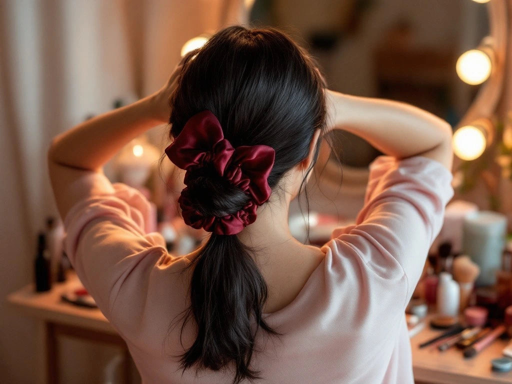 Photographie d'une femme de dos, les cheveux attachés avec un chouchou en satin rouge