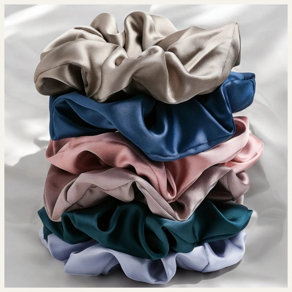 Lot de 6 chouchous en satin aux couleurs variées : violet, vert foncé, beige, rose, bleu et beige.