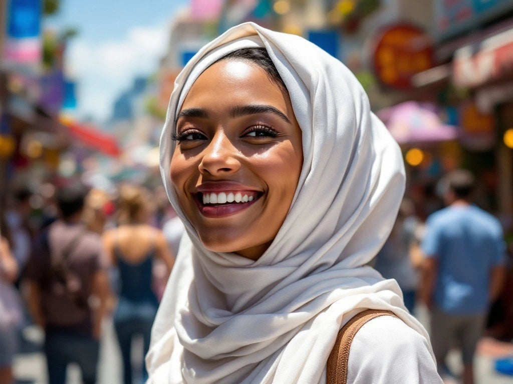 Photographie d'une femme souriante dans la rue par grand soleil, portant un foulard en satin blanc autour de la tête