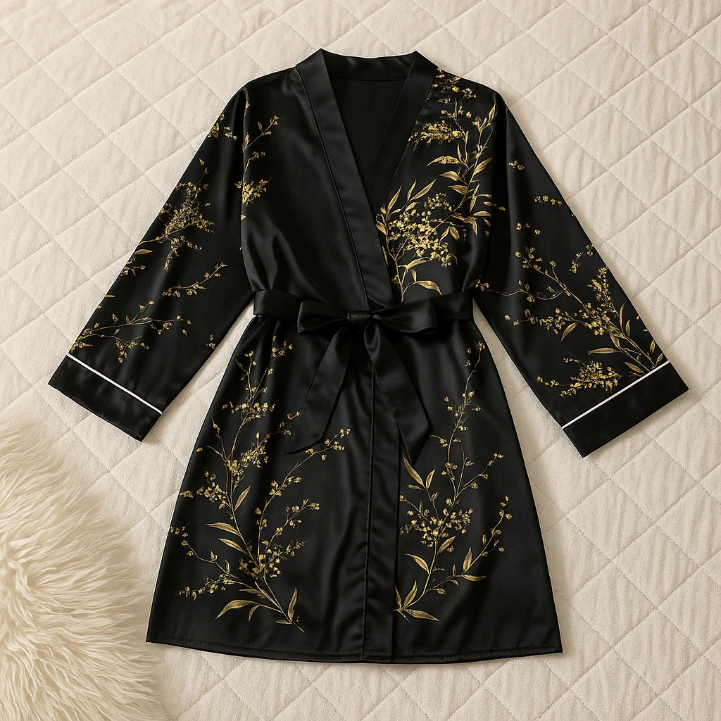 Une élégante robe kimono en satin noir, posée avec soin sur un lit aux tons clairs