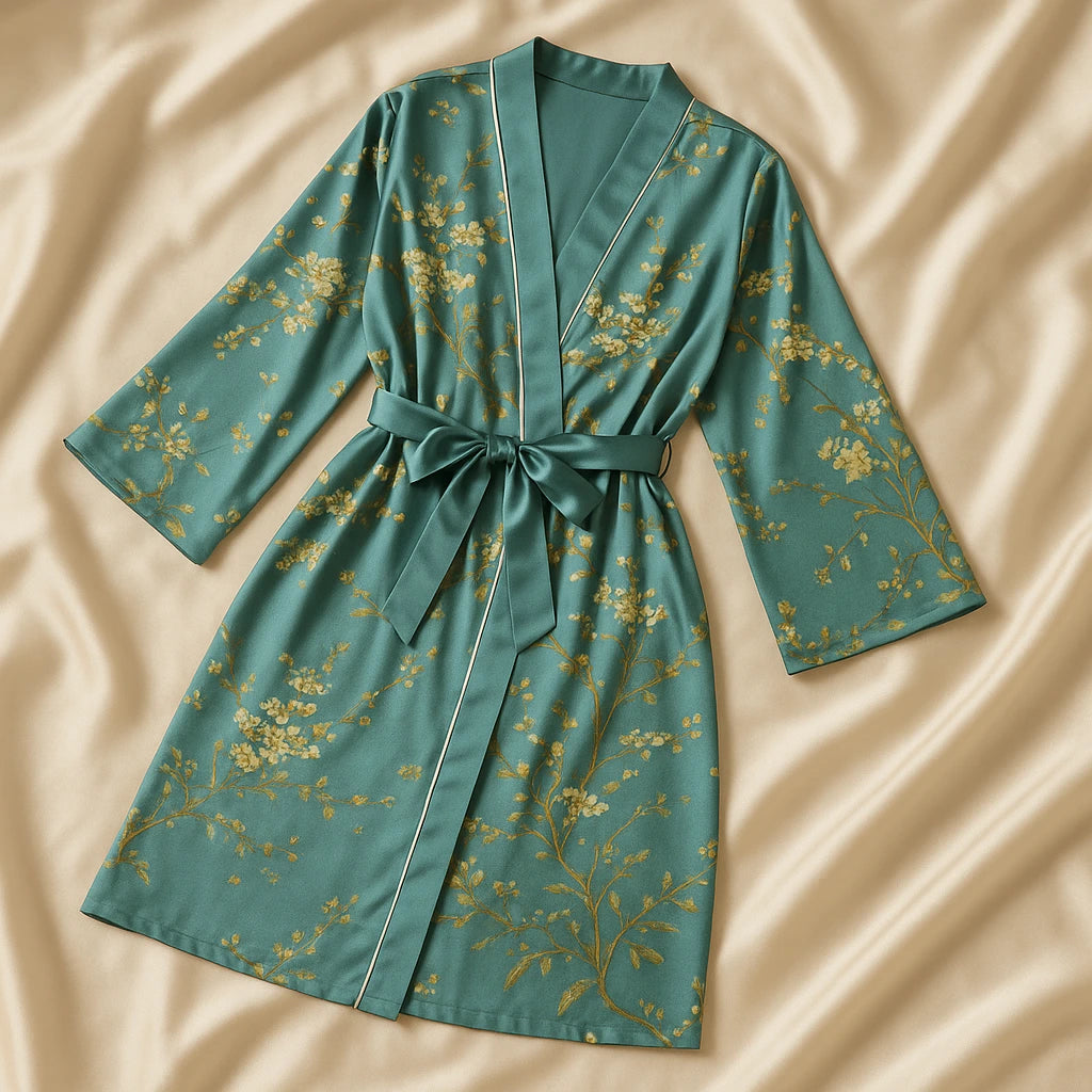 Kimono en satin vert avec motifs floraux dorés, présenté à plat sur un lit en satin beige, mettant en valeur sa texture soyeuse et sa ceinture nouée à la taille