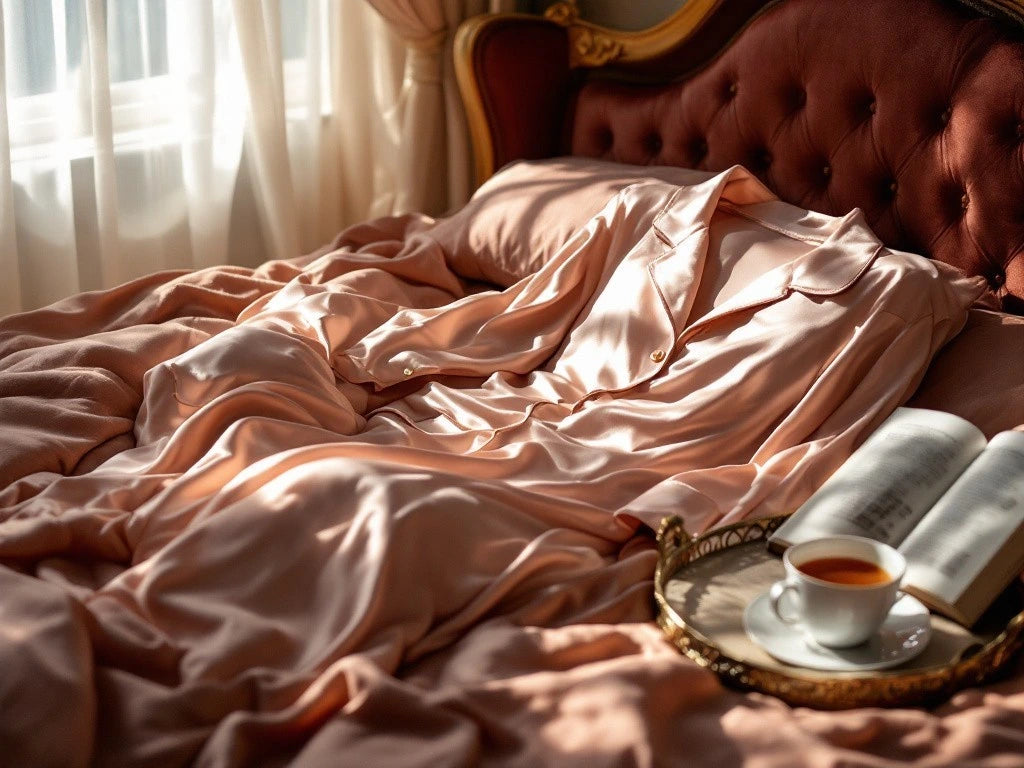 Photographie d'un pyjama en satin soigneusement posé sur le lit, sans aucun froissement.