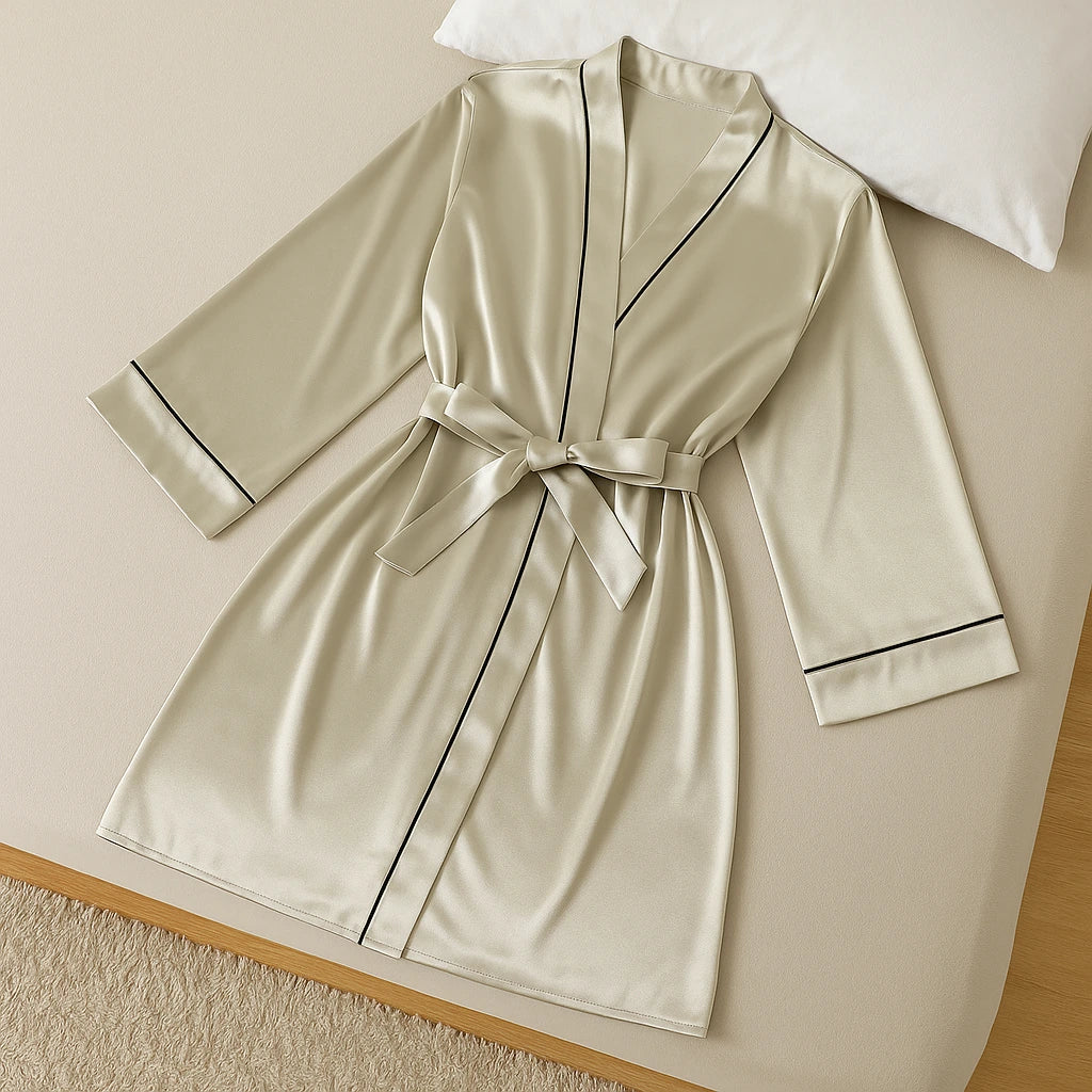 Robe de chambre en satin beige posée à plat sur un lit clair, ornée de liserés noirs élégants et d’une ceinture nouée à la taille, reflétant la douceur et la brillance du satin