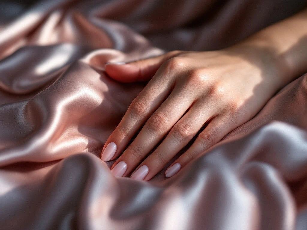 Photographie de mains tendres posées sur un tissu en satin, montrant des mains en très bon état.