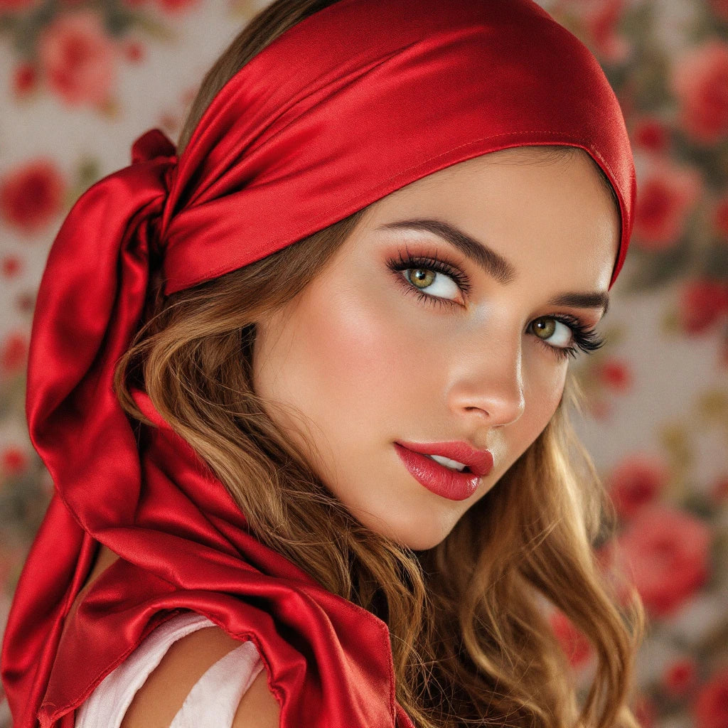 Une femme regardant face caméra, avec un foulard en satin rouge qui recouvre ses cheveux